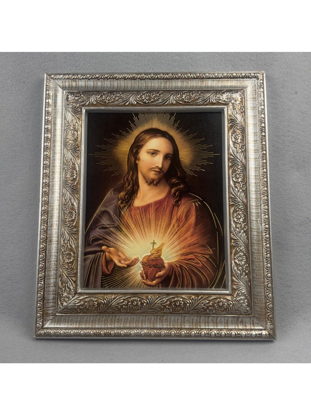 Vintage Sacred Heart Jesus Framed Print Ornate Silver Gold Catholic Religion Art